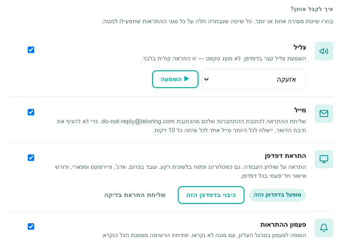 ארבע שיטות המסירה — צליל, אימייל, דחיפה בדפדפן, פעמון ההתראות — כל אחת עם מתג משלה