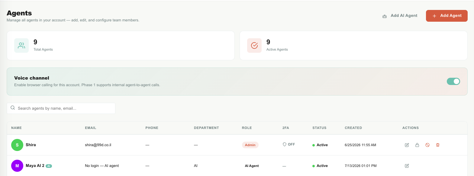 Agents page with human and AI Agent rows