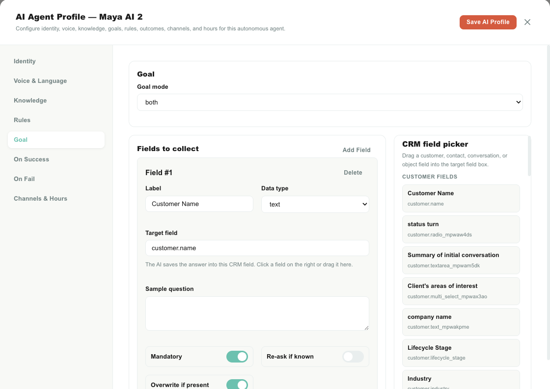 AI Agent Goal tab with a CRM field target