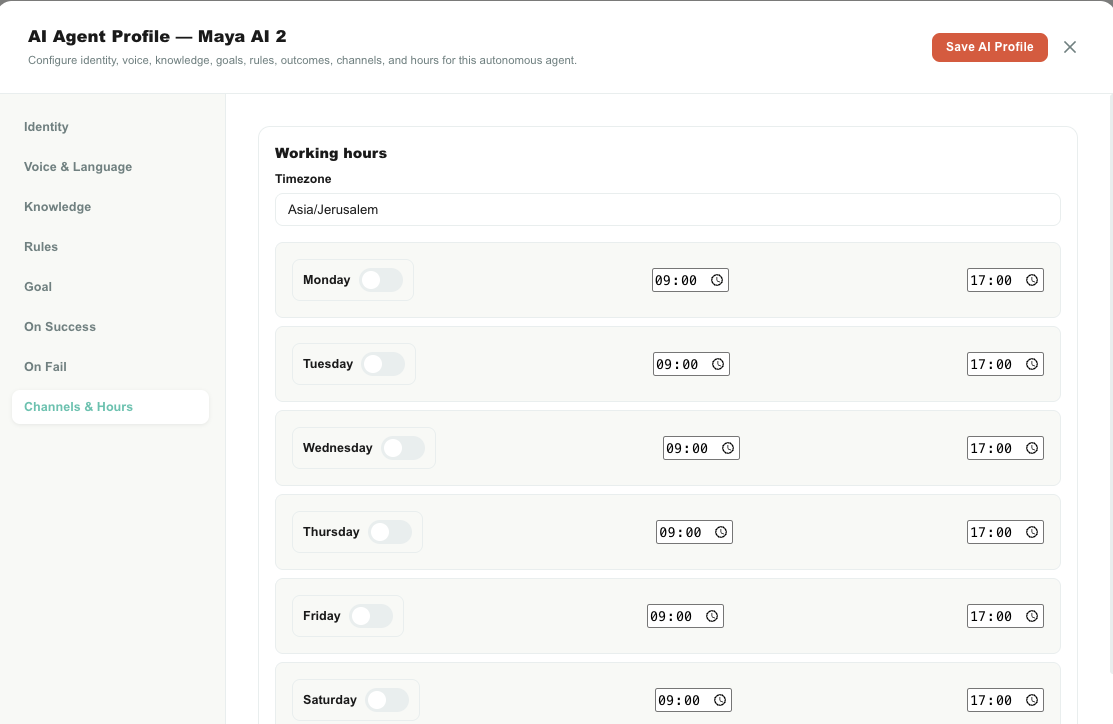 AI Agent Channels and Hours tab