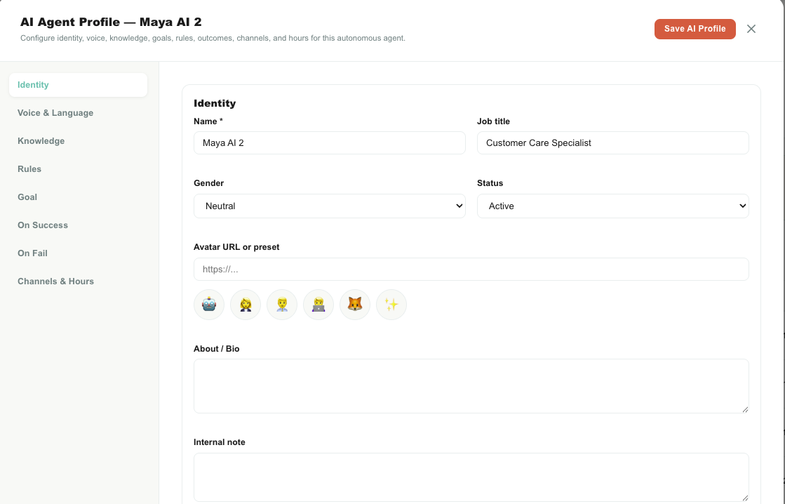 AI Agent Identity tab and the eight editor tabs