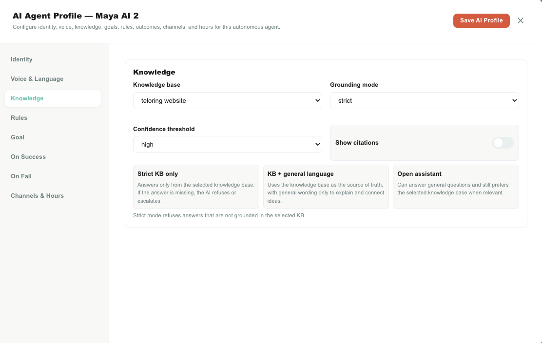 AI Agent Knowledge tab