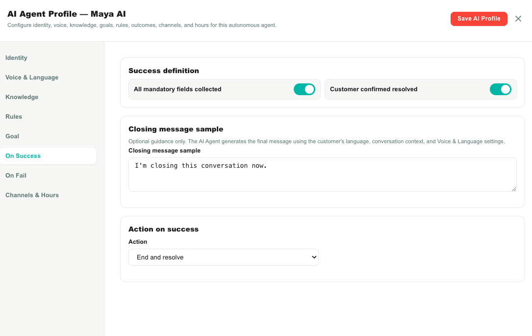 AI Agent On Success tab