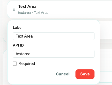 The attribute edit popover showing Label, API ID, Options and the Required checkbox