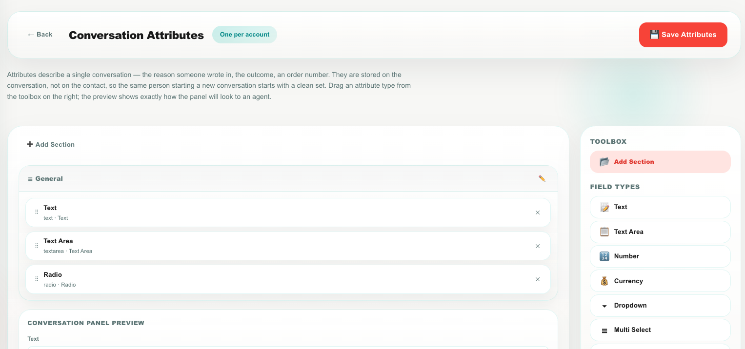 The Conversation Attributes builder in Teloring Settings, with the layout on the left, the live preview underneath it, and the toolbox of attribute types on the right
