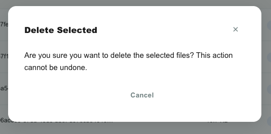 The permanent-delete confirmation displayed after selected files are chosen in the Files Warehouse
