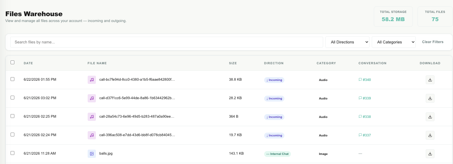 The complete Files Warehouse page with account totals, filters, mixed file types, conversation links, and download controls