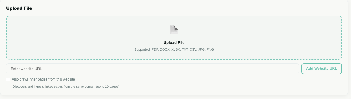 The upload card — the drag-and-drop area, the website URL row, and the "crawl inner pages" option