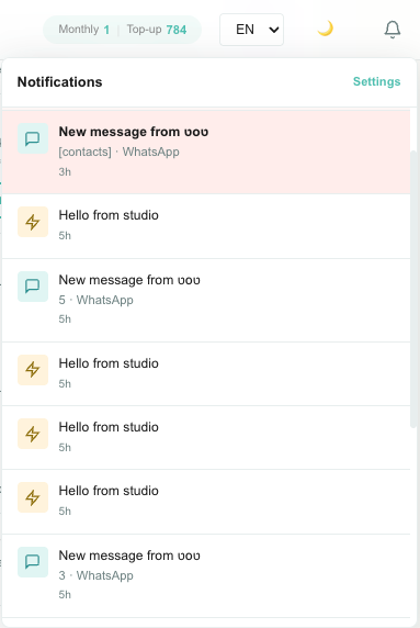 The notification bell menu, with unread entries highlighted