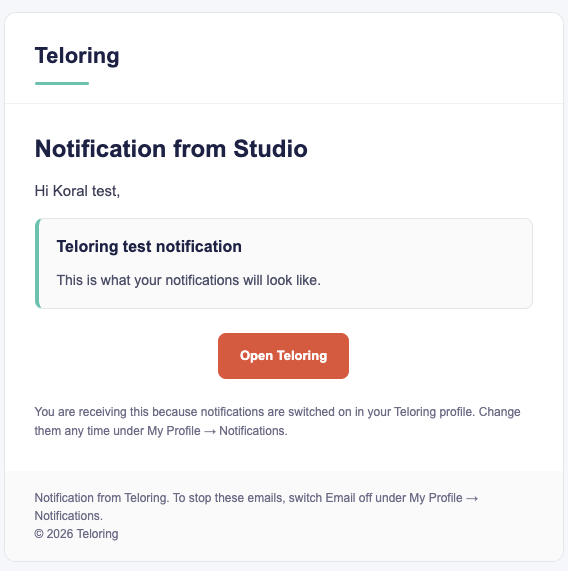 An example Teloring notification email