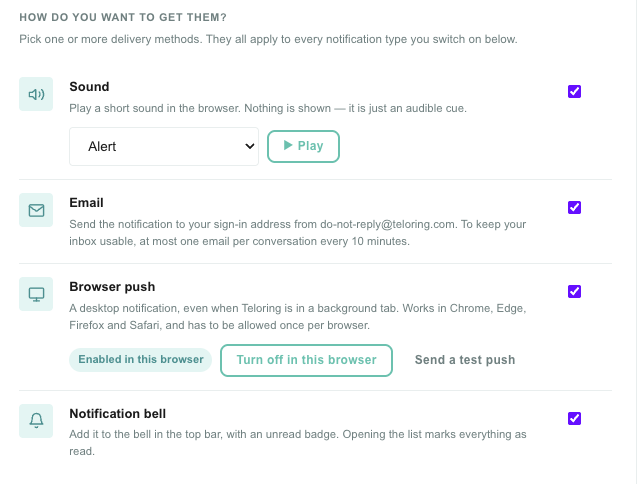 The four delivery methods — Sound, Email, Browser push, Notification bell — each with its own switch