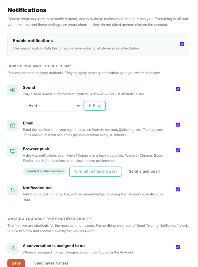 The Notifications panel on the profile page, showing the master switch, the four delivery methods, and the three notification types