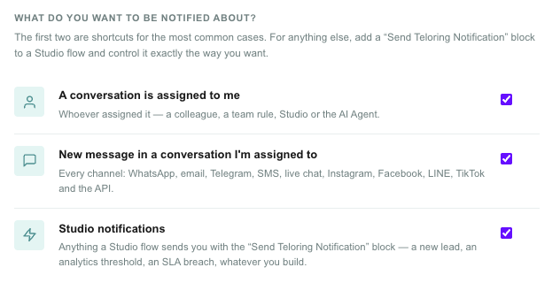 The three notification types with their switches