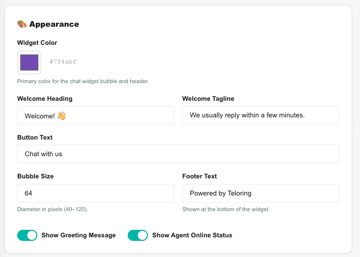 Live Chat — Appearance tab