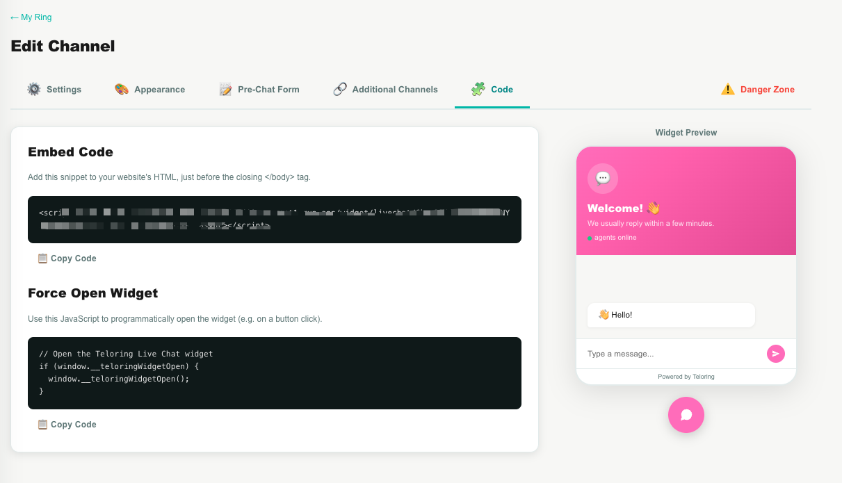Live Chat — Code tab