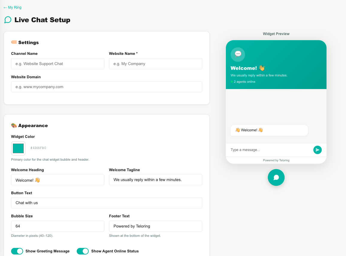 Live Chat setup with live preview