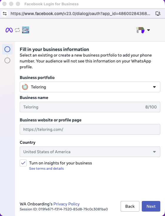 Meta's Fill in your business information screen with the Business portfolio dropdown