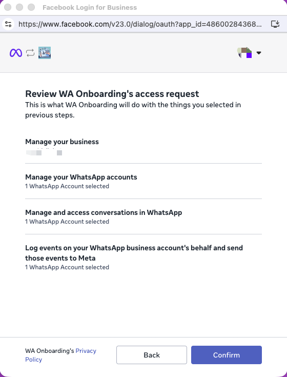 Meta's Review access request screen with the Confirm button