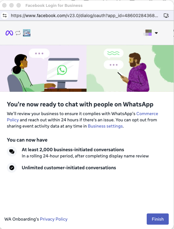 Meta's You're now ready to chat with people on WhatsApp screen with the Finish button