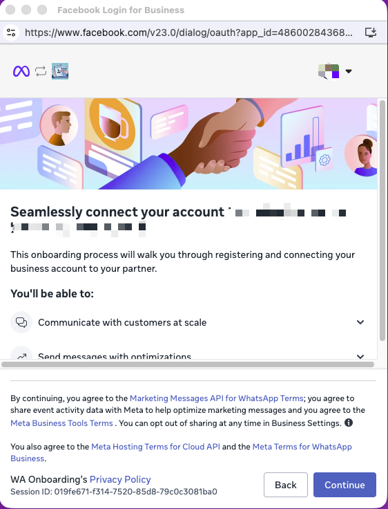 Meta's Seamlessly connect your account screen with the Continue button