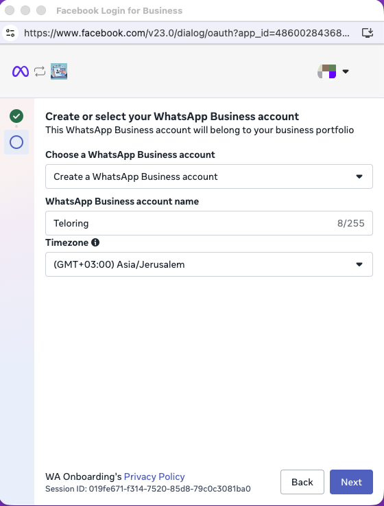 Meta's Create or select your WhatsApp Business account screen