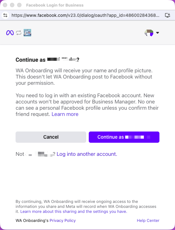 Facebook Login for Business asking to continue as the signed-in account