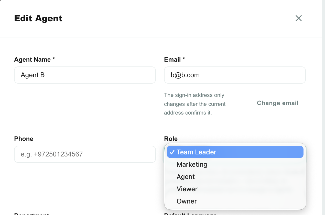 The role picker on the agent form, showing the role description underneath