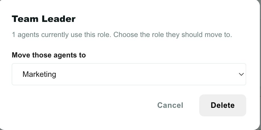 Delete role dialog asking which role the affected agents move to