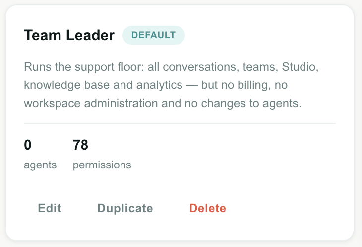 A single role card showing its badge, description, agent count and permission count