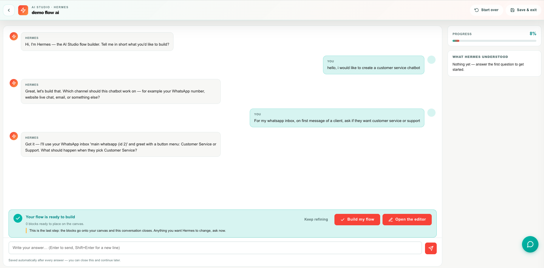 The Hermes AI flow builder mid-interview