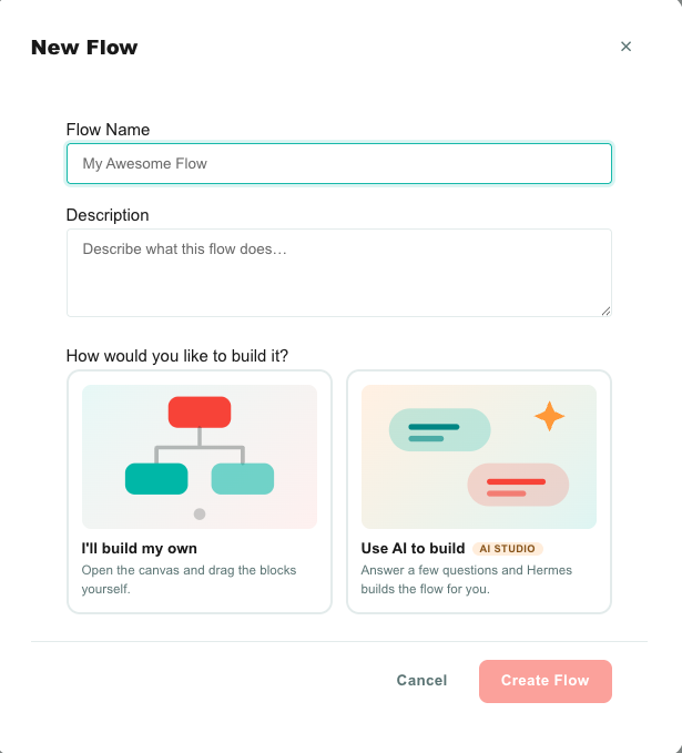 The New Flow dialog with the two build-mode cards