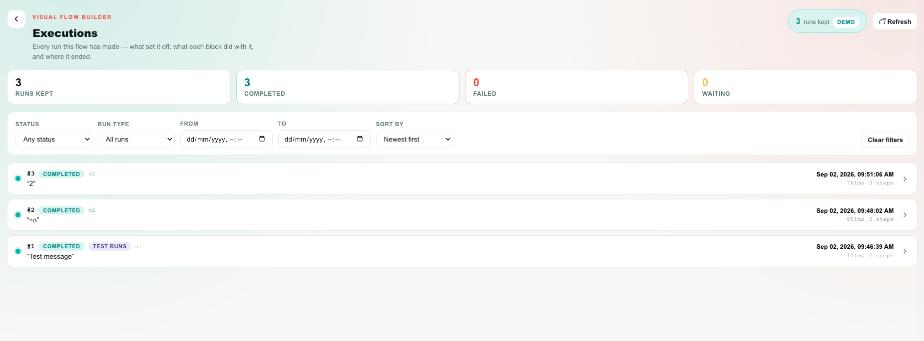 The Executions page listing a flow's runs
