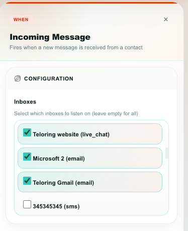 Incoming Message trigger configuration