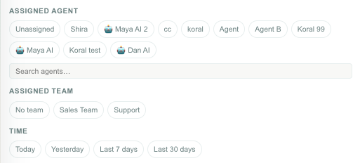 Conversation filter panel with the assigned agent and assigned team sections