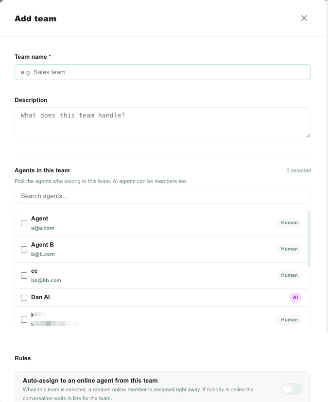 Create team form with the agent picker and the two rule switches